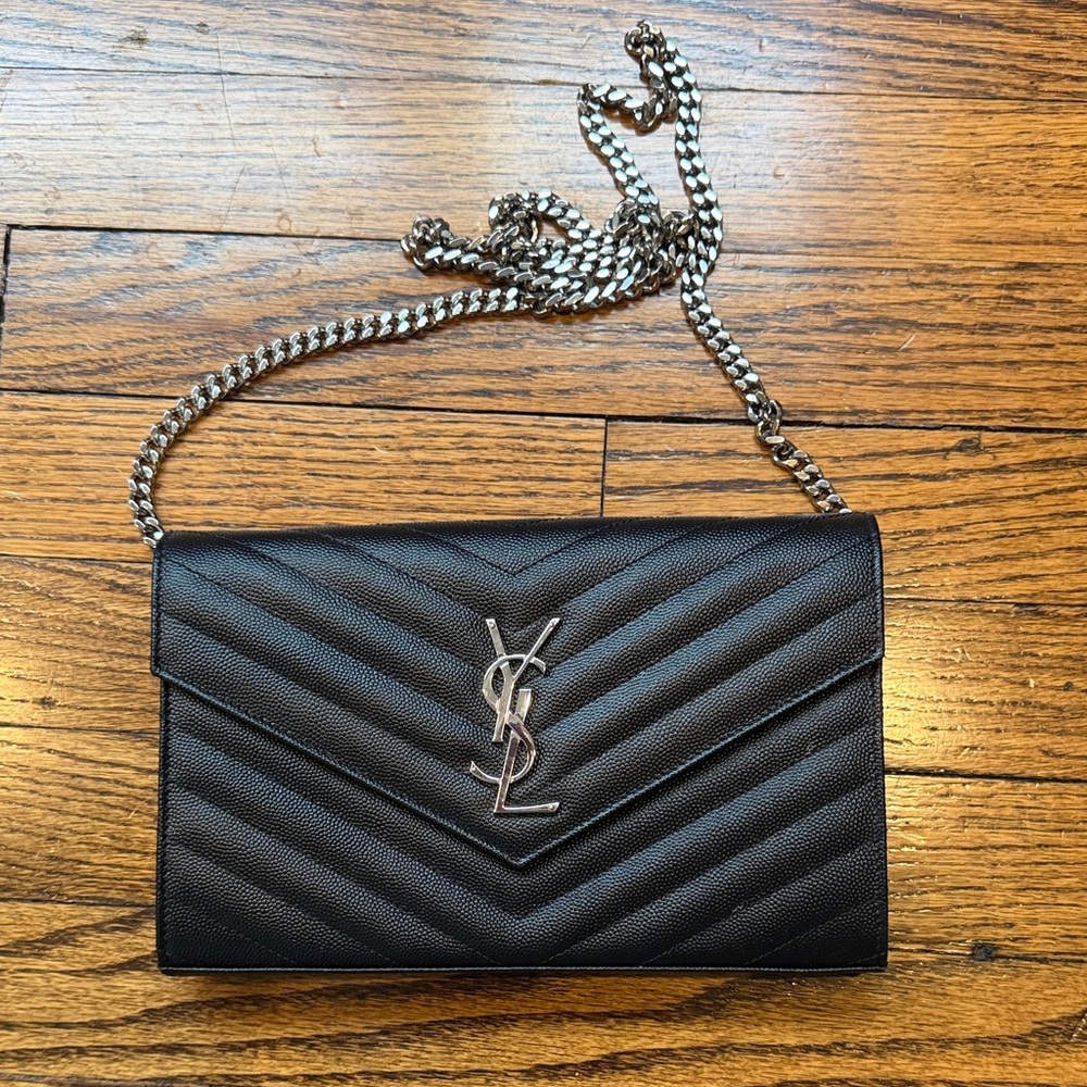 Yves Saint Laurent Black Chevron Chain Clutch